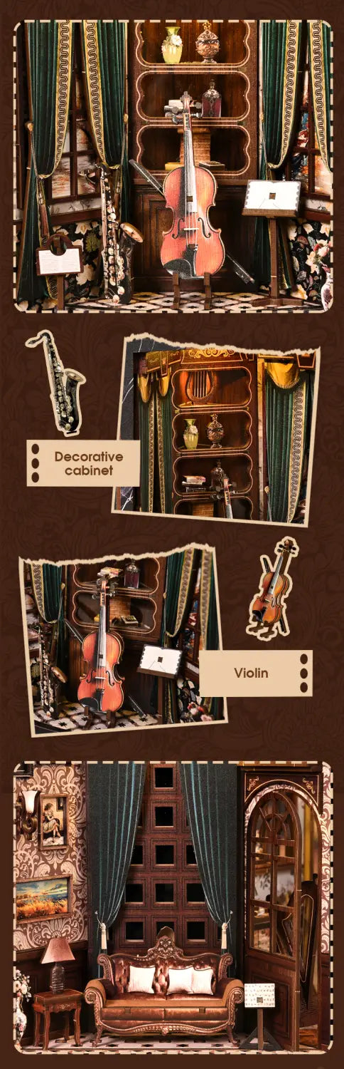 European Melody Musical Instrument Box DIY Miniature House 3D Puzzle Bookend Model Wooden Bookend. Creative Gift