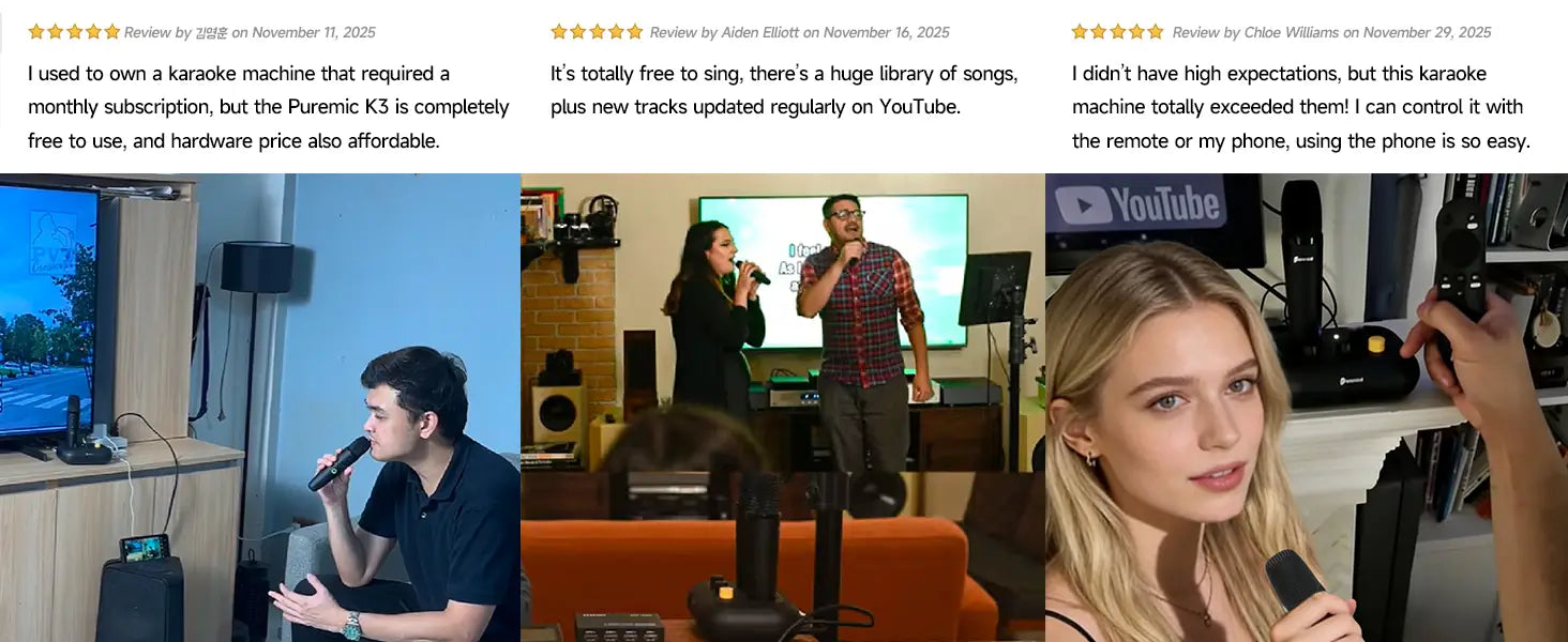 Puremic Karaoke Machine K3 with Millions Songs Free Forever Duet Karaoke Mics for Singing with Rechargeable Dock HDMI + Aux Cable