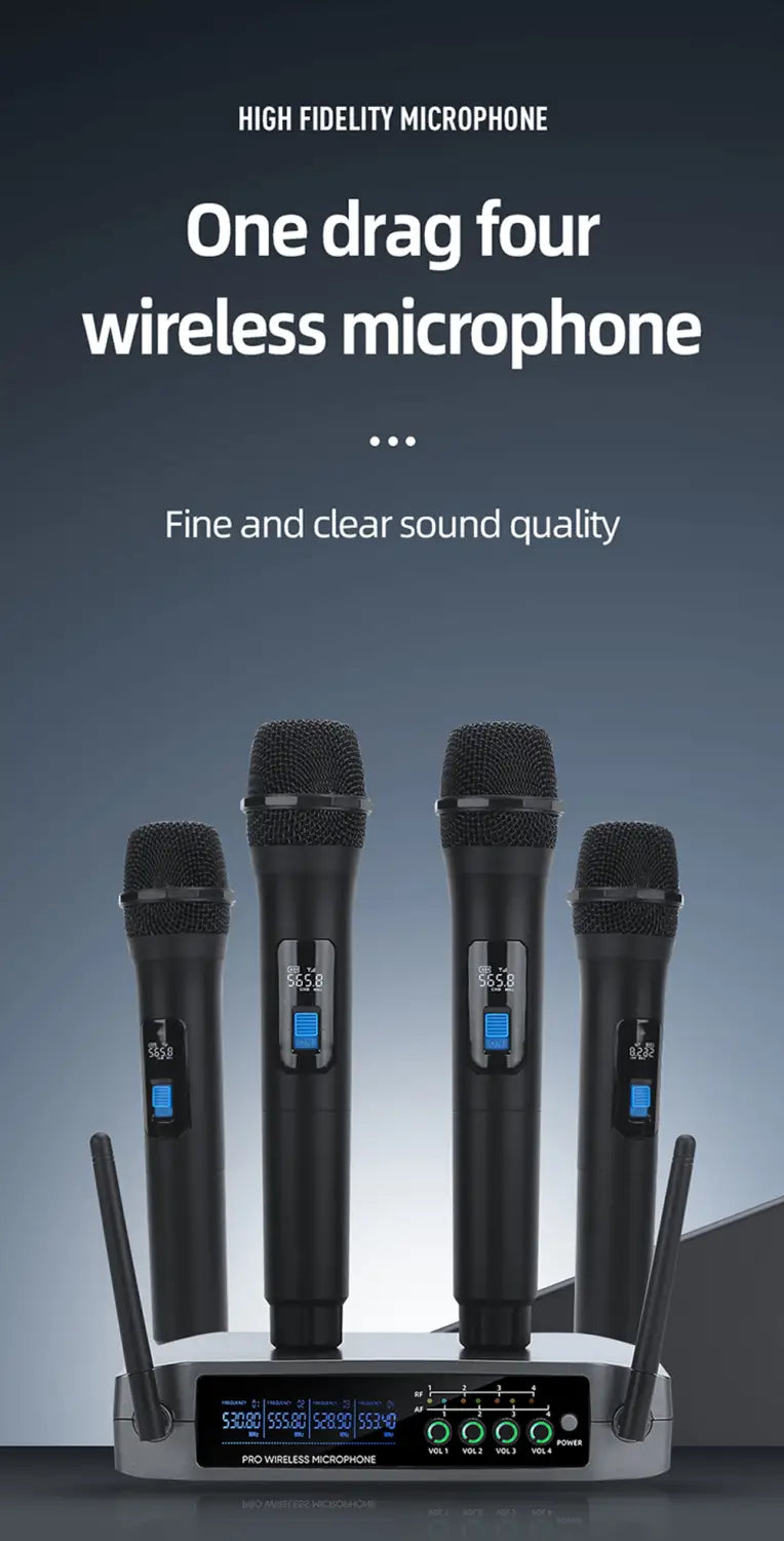 Professional VHF Wireless Microphone System 4 Channel Handheld Karaoke Microphone for Home Party Church Event TV Speaker