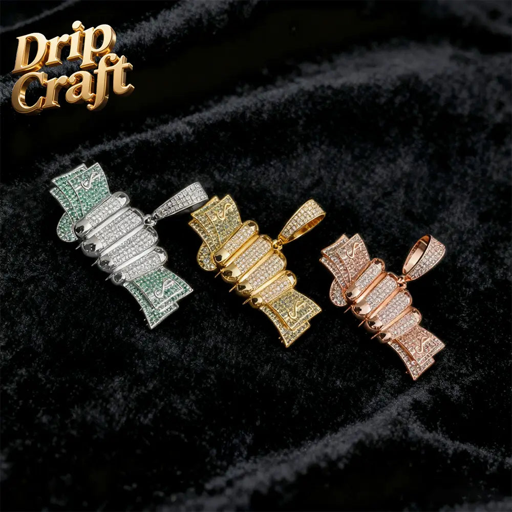 Hip-hop hand holding a dollar pendant. This copper-inlaid zircon hip-hop trendy jewelry is suitable for both men and women.