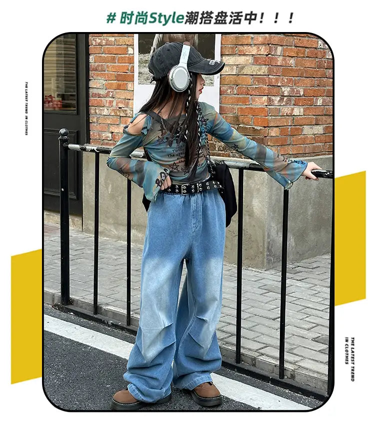 Hiphop Fashion Style Girl y2k Dance Clothes Set T-shirt And Jeans Hiphop Streetwear Kids Child Performance Costume Stage Outfits