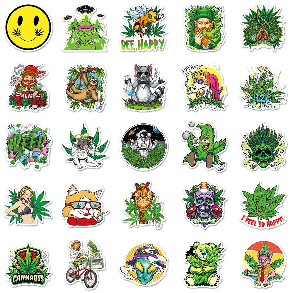 10/30/50/100PCS Funny Hemp Leaf Stickers Weed Smoking Cartoon Graffiti Waterproof Suitcase Luggage Guitar Skateboard Decals Toy