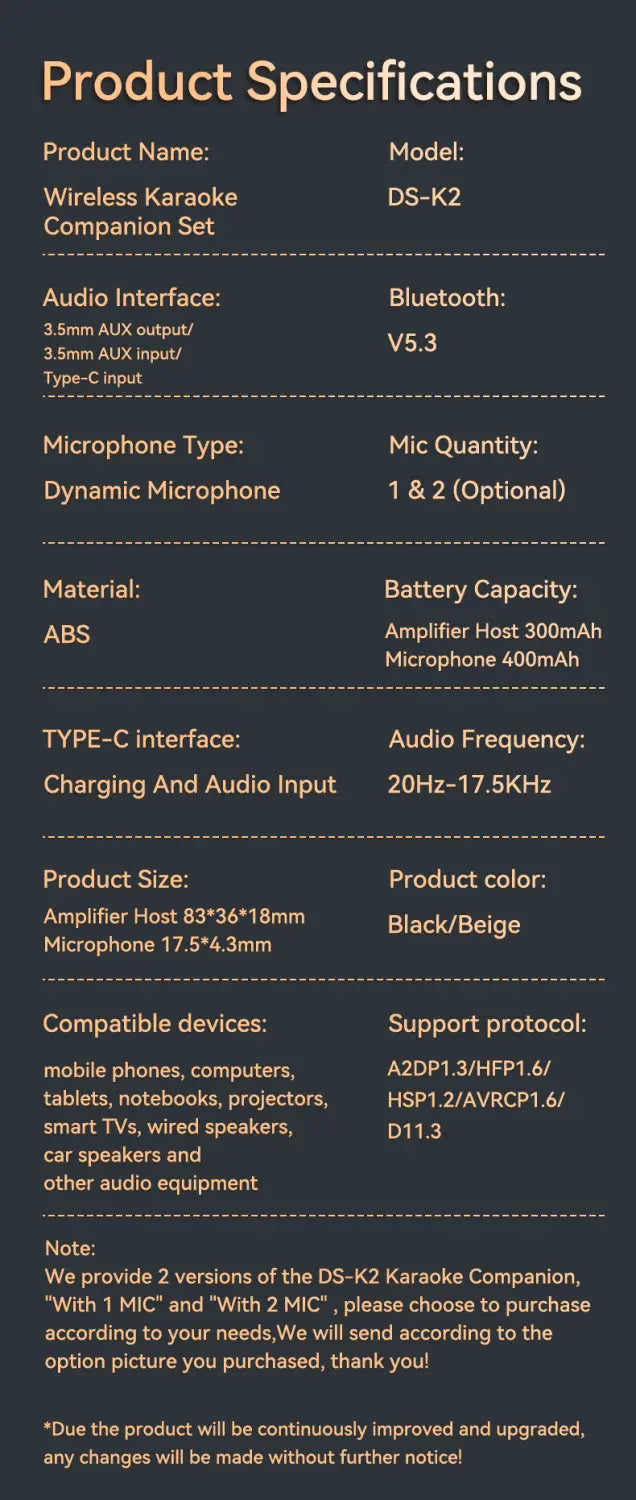 DS-K2 Karaoke Companion Bluetooth 5.3 Wireless Moving-Coil Microphone With RGB Light KTV DSP Mixer System For Wired Speaker Car