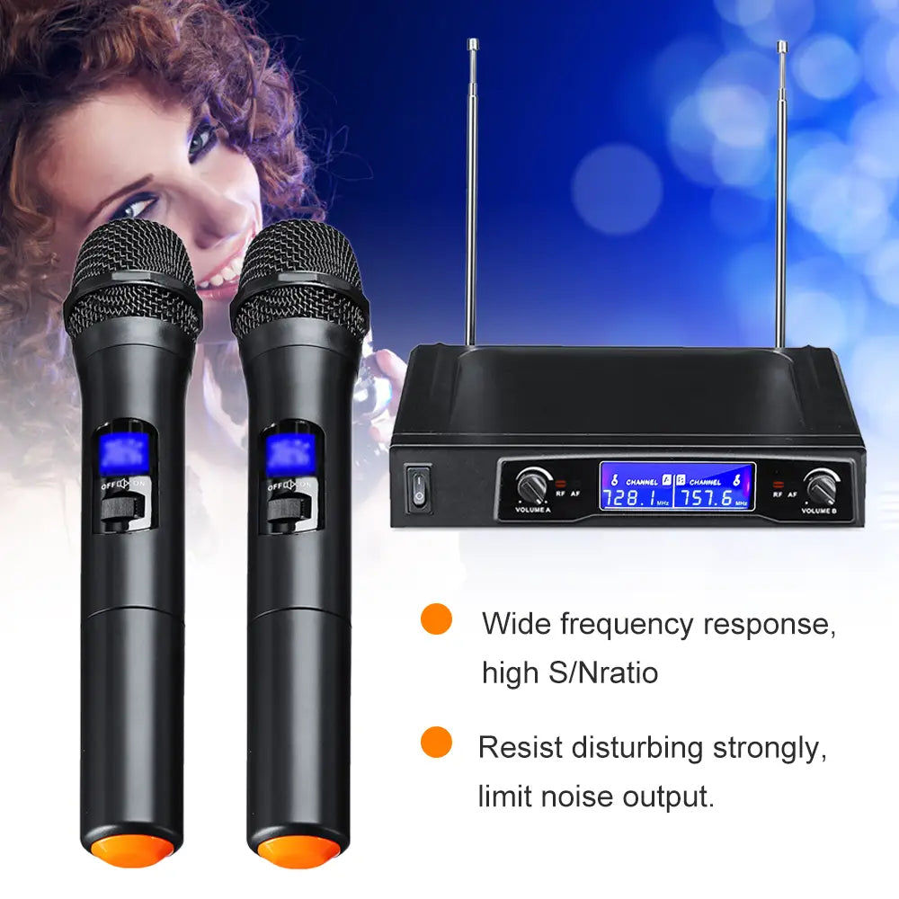 Karaoke Microphones UHF Professional 2 CH Cordless Dual Handheld Microphone Digital LCD Display Mic System Set for Party Wedding