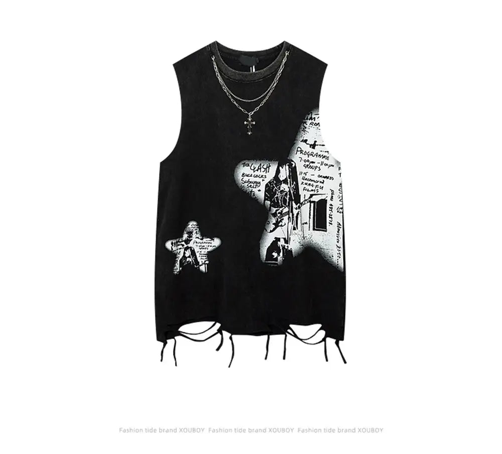 Hip Hop Fashion Tank Tops Men’s Graffiti Printed Necklace Sleeveless T-Shirt Ripped Hole Harajuku Dancing Tops Streetwear