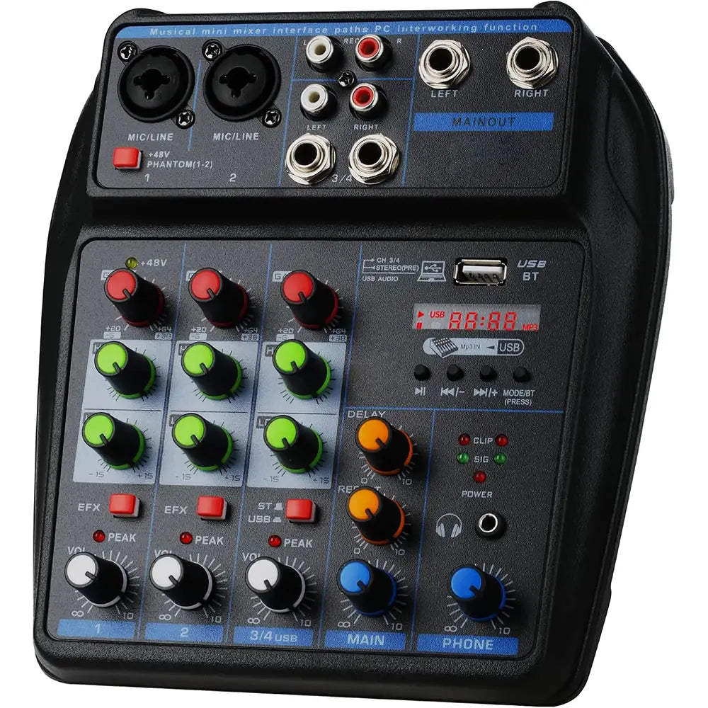 TAVOSOP Portable 4 channel audio mixer Recording Sound Console card With BT 48V USB interface for DJ Karaoke PC MP3 microphone