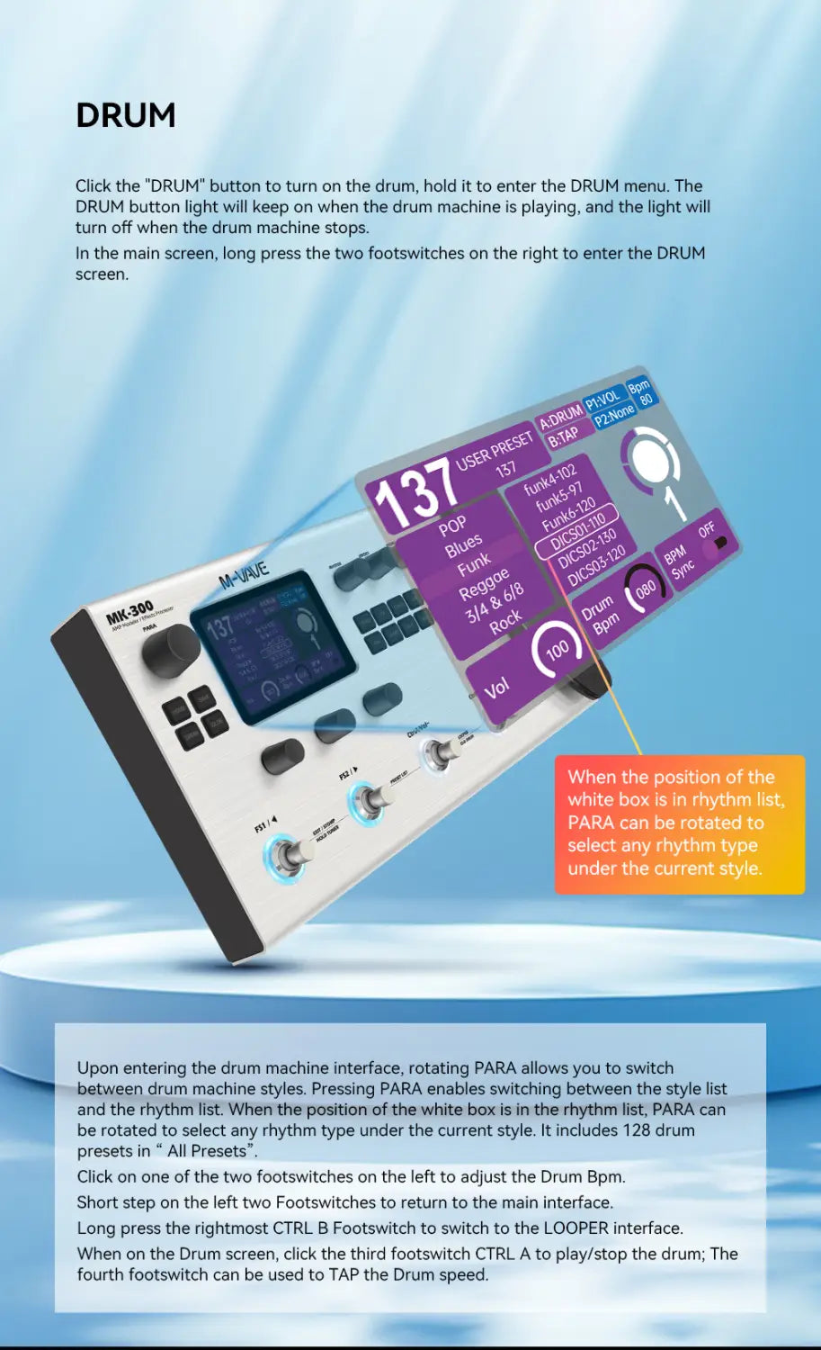 M-VAVE MK-300 Guitar Bass Multi-Effects Processor 150s Looper 128 Drums MIDI DAW 120AMP 10h Battery ANN MK-300 Neural Modeling