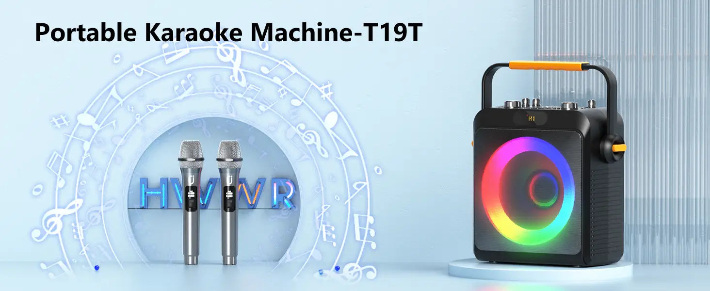T19-T Karaoke machine with 2 wireless microphones black Karaoke speakers with bass/treble adjustment
