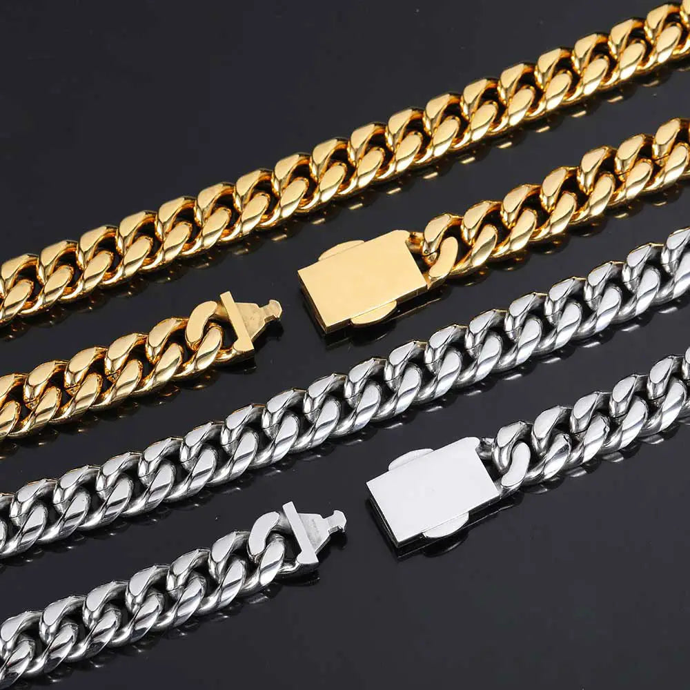 12mm Hip Hop Stainless Steel Jewelry Homme Cadena Luxury Miami Cuban Link Chain Men Rapper Rock Necklace