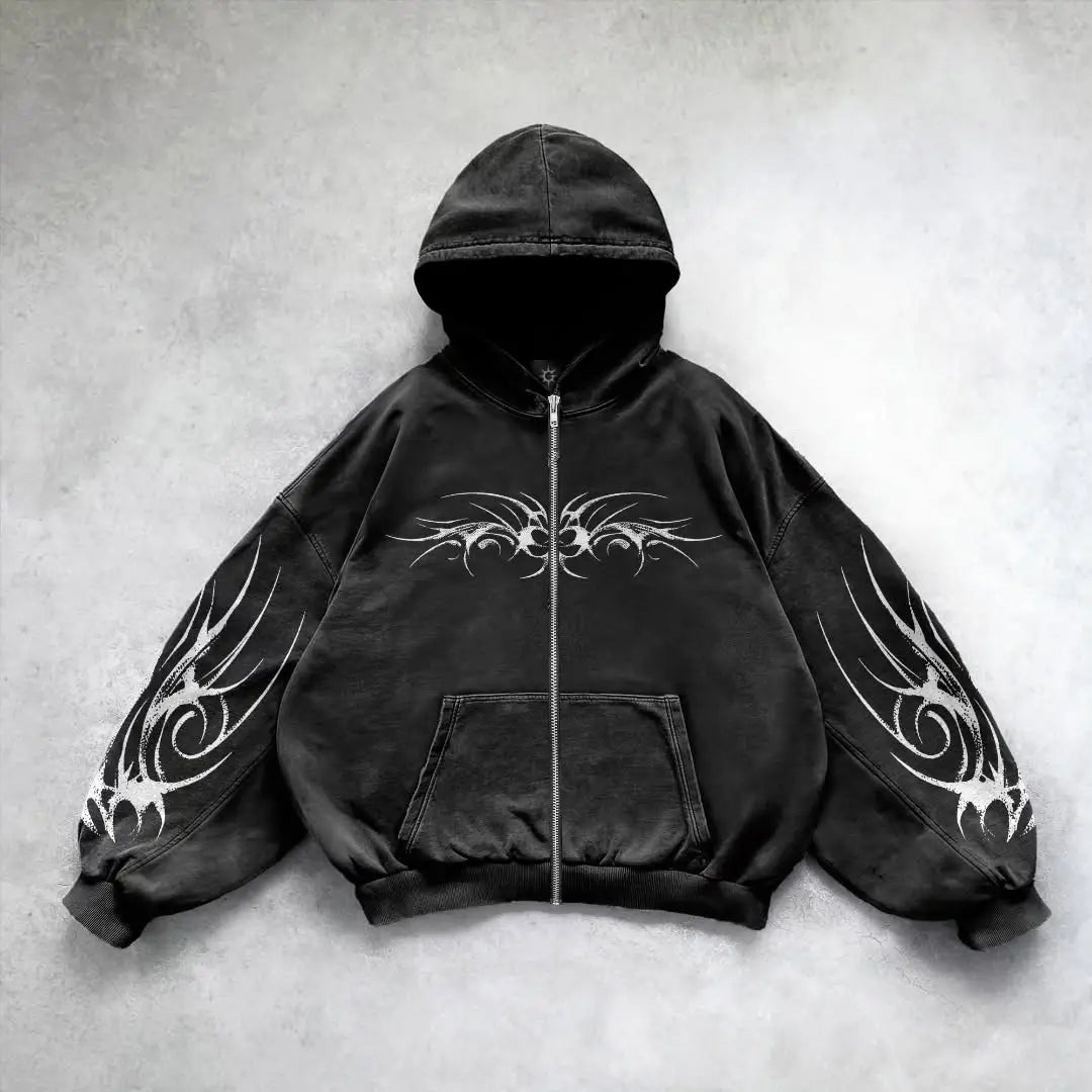 Hip Hop Mens Zipper Hoodie Black Grey 3D Dark Print Pattern Y2k Gothic Harajuku Autumn Loose Fashion Personality Street Hoodie
