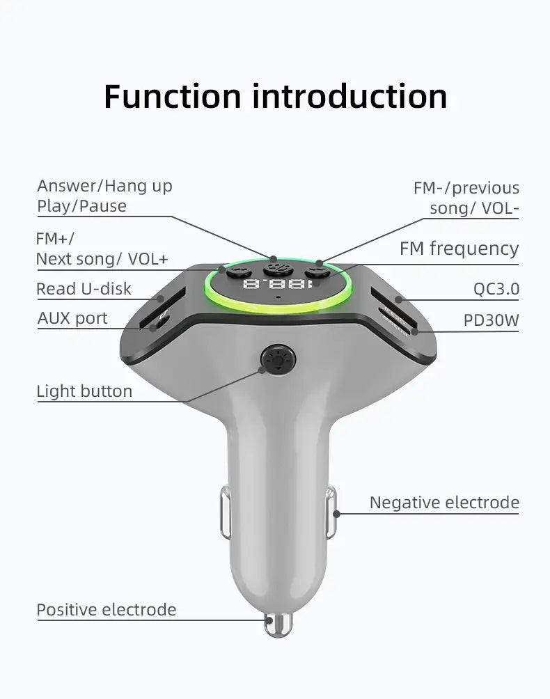 PD30W + QC3.0 Bluetooth 5.3 Car MP3 Player FM Transmitter Wireless Handsfree U Disk Play Music USB Type-C Car Fast Charger Adapter