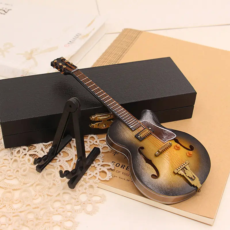 18cm 1/6 Wooden Musical Instruments Collection Decorative Ornaments Mini Electric Guitar With Support Miniature Model Decoration