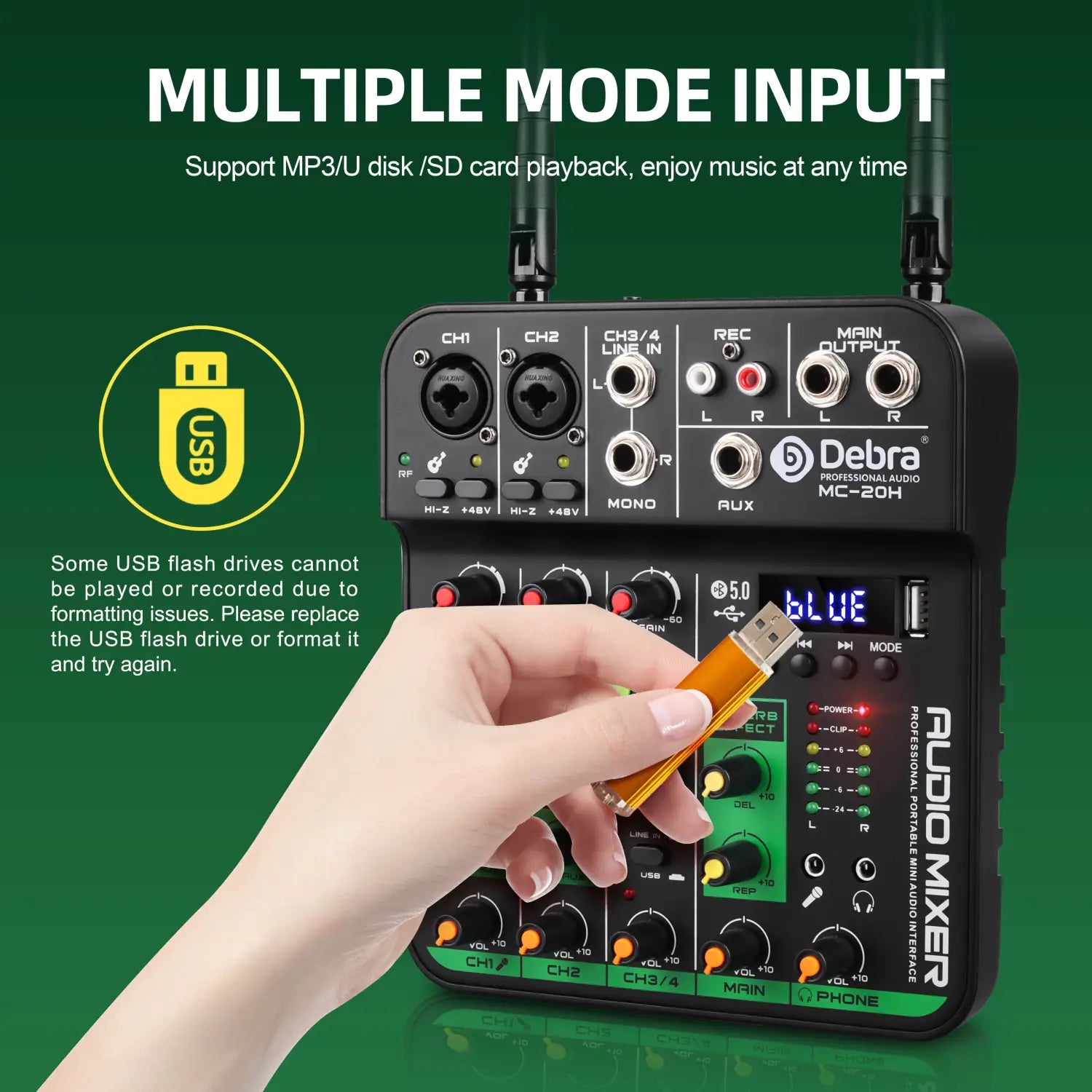Debra 4 Channels Audio Mixer UHF Wireless Microphone Audio Interface Mixing Console Bluetooth Record PC Delay Repaeat Effect