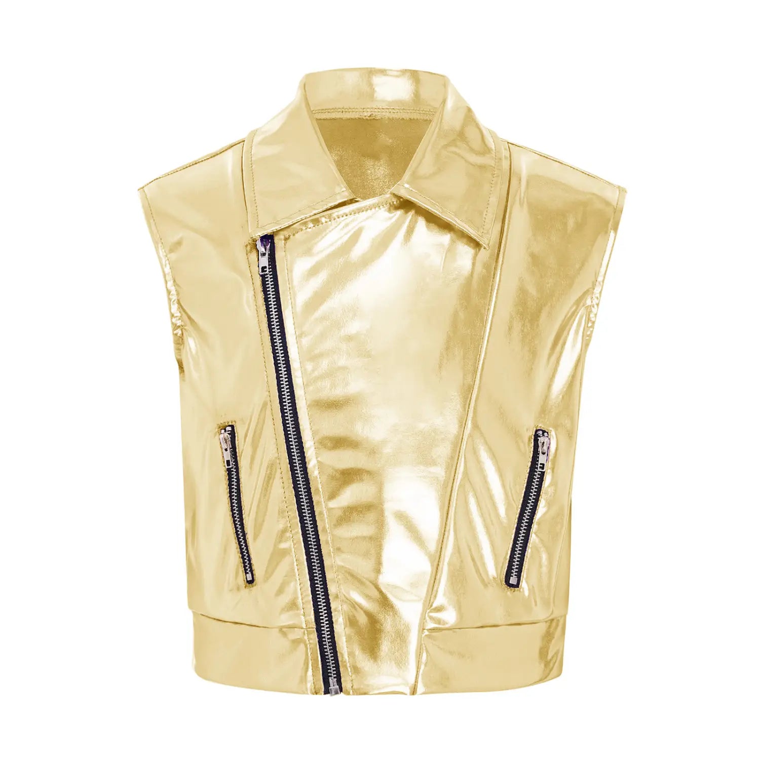 Kids Boys Girls Hip Hop Jazz Dance Performance Costume Turn-Down Collar Vest Zipper Metallic Jacket Tops Sleeveless Outerwear