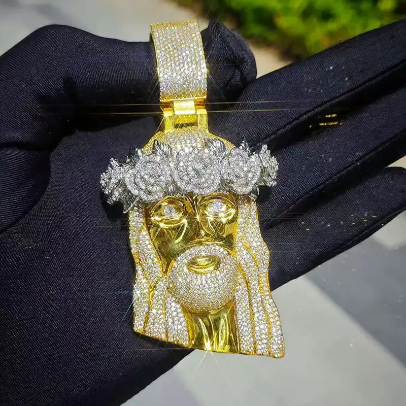 Hip Hop Micro Paved AAA+ Cubic Zirconia Bling Iced Out Flower Hat JESUS PIECE Pendants Necklaces for Men Rapper Jewelry
