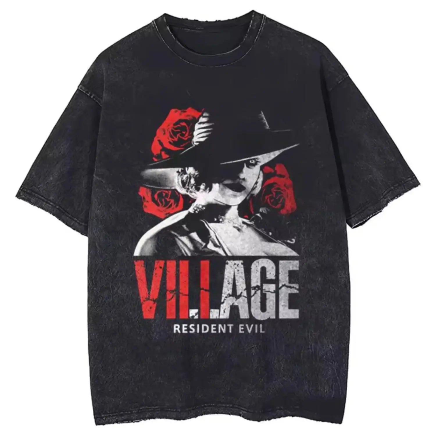 Hip Hop Washed Black T-shirt Street Clothing Retro Pattern Resident Evil T-shirt Cotton Hippie Unisex T-shirt Men’s Gym Top