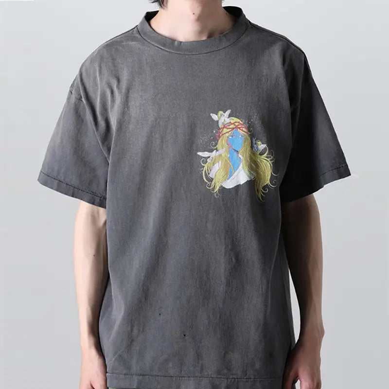 Hip Hop Retro Racing Style Graffiti Color Blocking Saint Micheal T-Shirt Men Women High Quality Oversized T Shirt Tee Tops