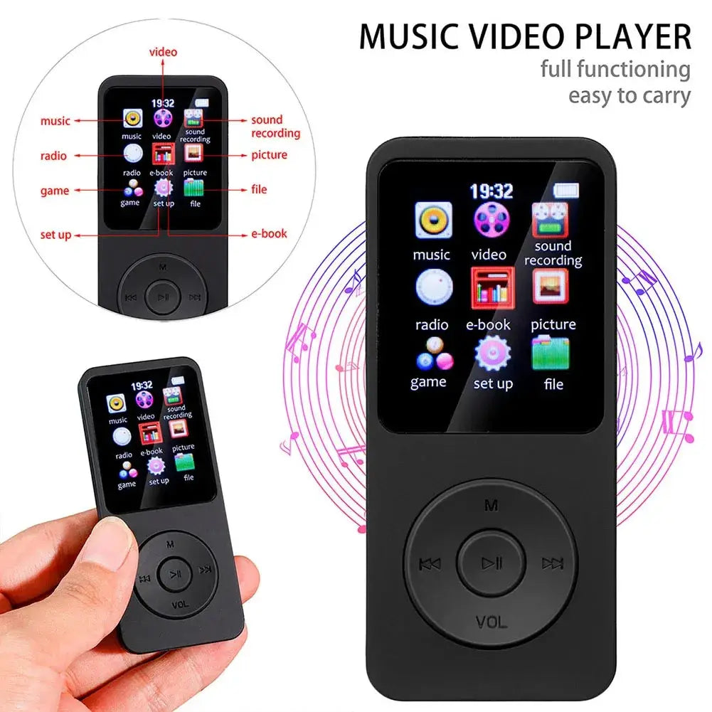 Bluetooth 5.0 MP4 MP3 Player Built-in Speaker Portable 1.8 inch Screen Music Player Support TF with FM Radio E-Book Recording