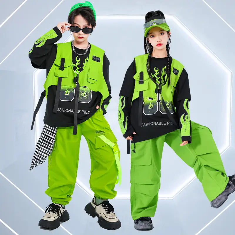 Korean Teenager Hiphop Rapper Clothes Outfit Top And Bottom Clothes Set Children Hip Hop Style Streetwear Costume Stage Wear Boy