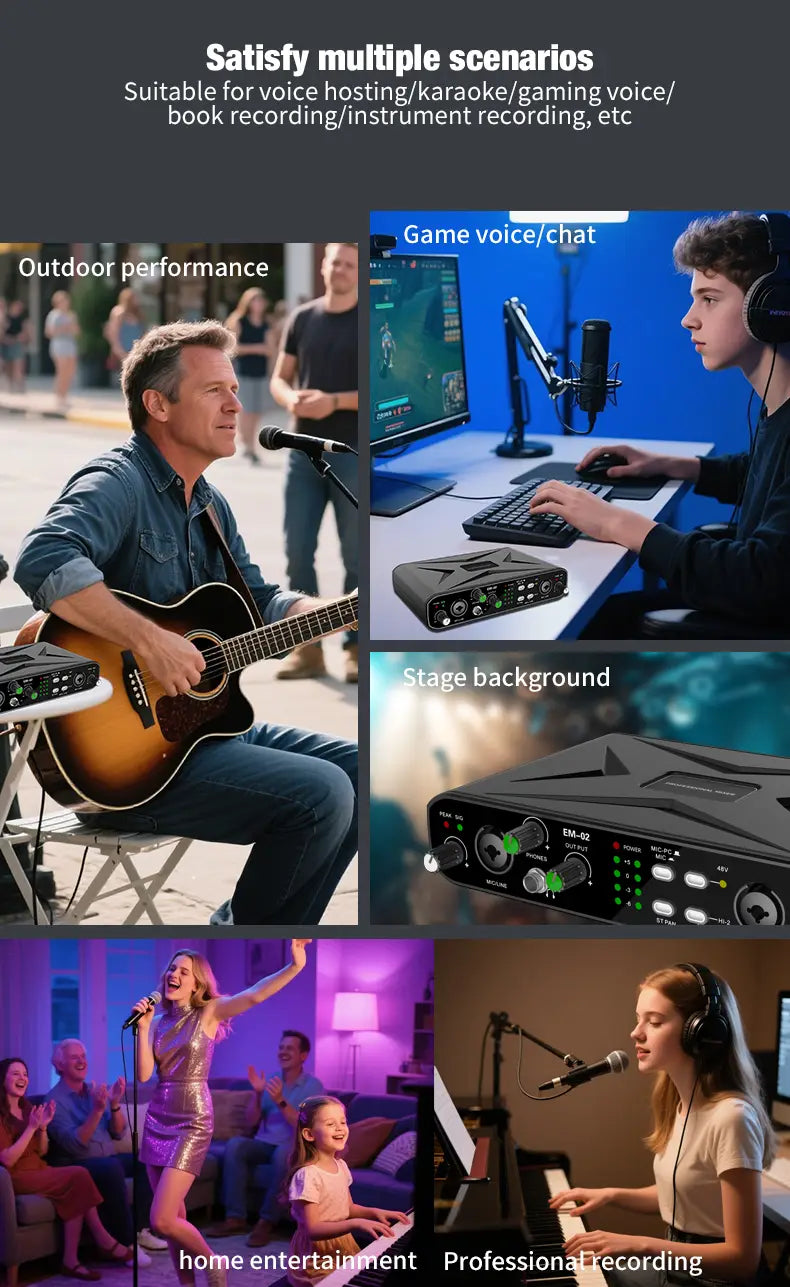 Sound Card Audio Mixer USB Audio Interface With Mic Preamplifier XLR/TSR/TS Ports 48V For Computer Recording Stream&Live Stream
