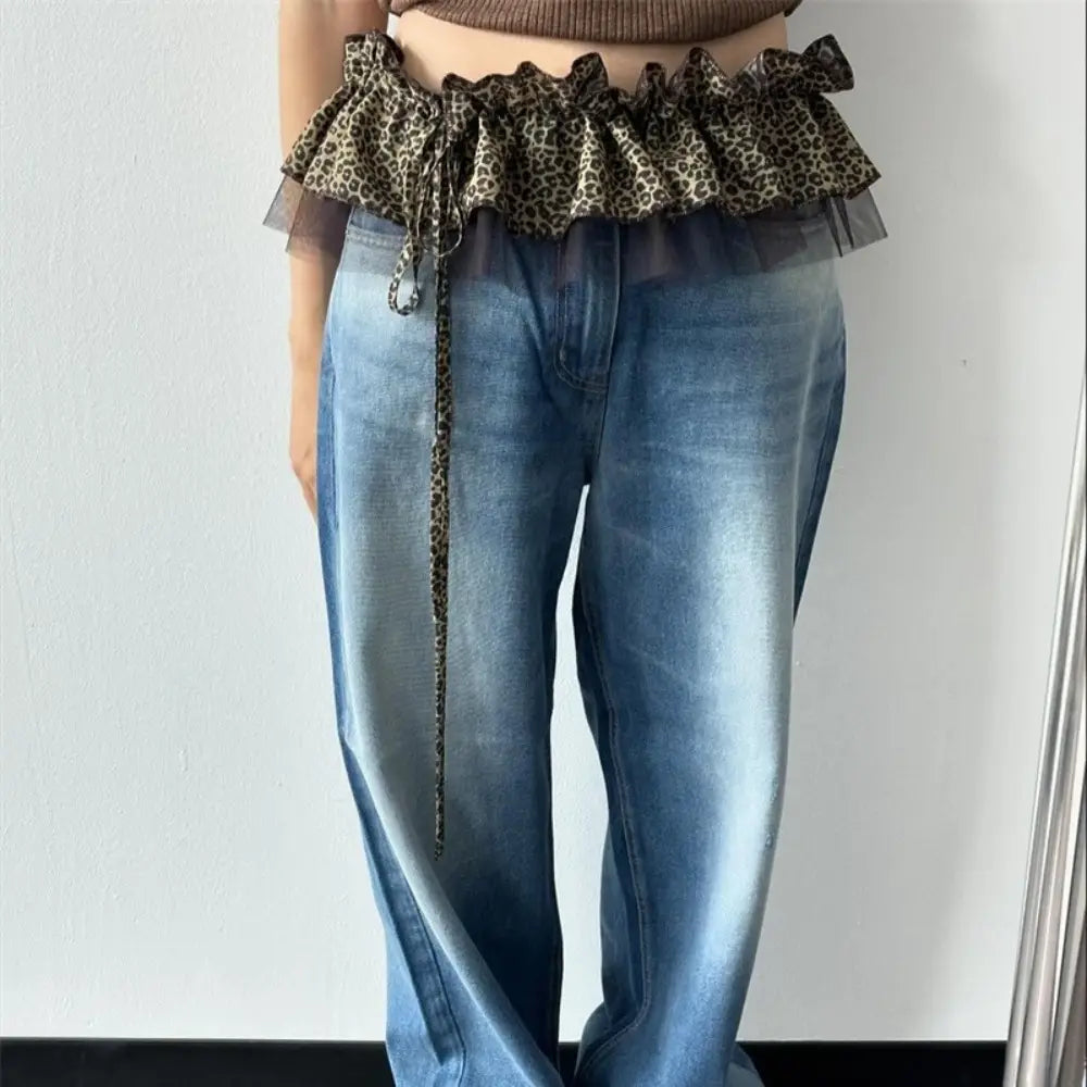Hip-hop Leopard Print Hip Scarf Skirt Sweet Mesh Ruffled Edge Waistband Y2K Shirt Extender Layer Outfits Belt Jeans Decor