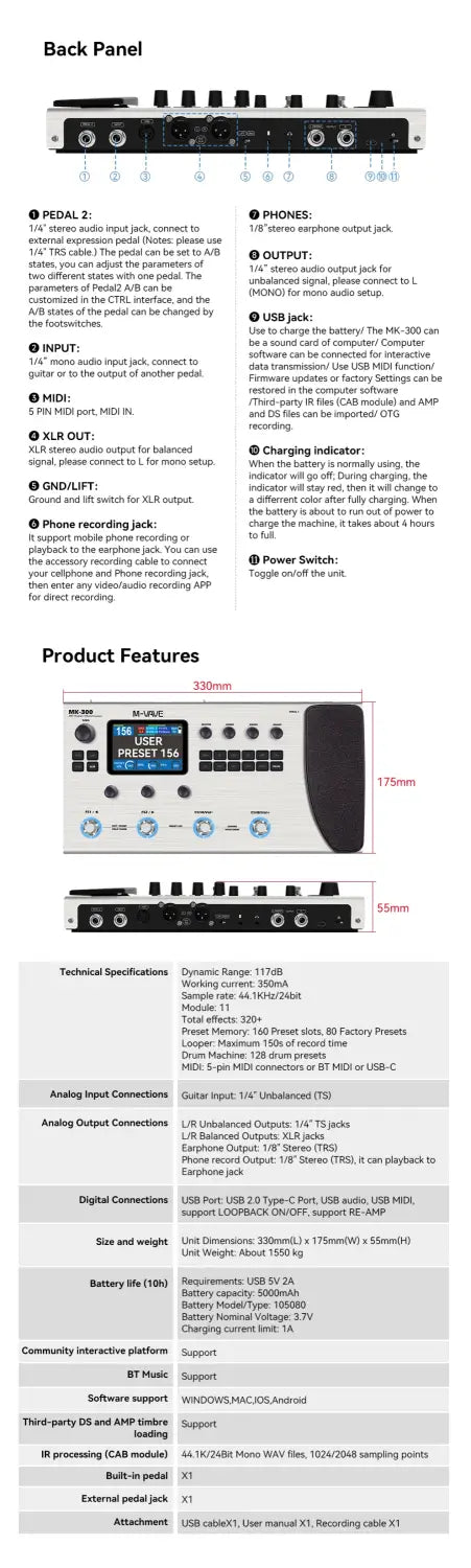 M-VAVE MK-300 Electric Guitar Multi-Effects Processor 150s Looper 128 Drums MIDI DAW 10h Battery ANN Pedal Guitarra Accessories