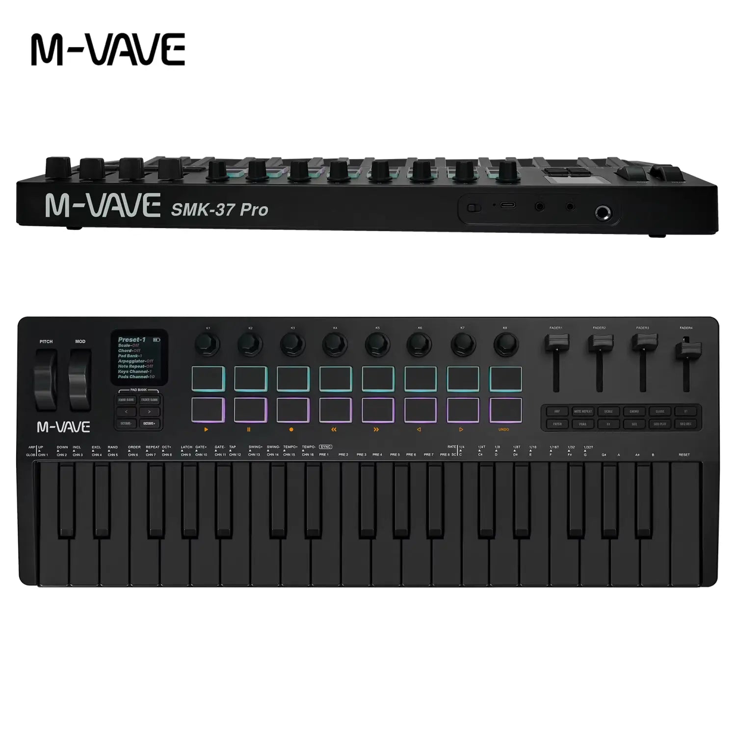 M-VAVE SMK-37 PRO MIDI Keyboard: 37 Keys Built-In Sound Source Wireless Compatible & 16 Pads for Multi-System Connection