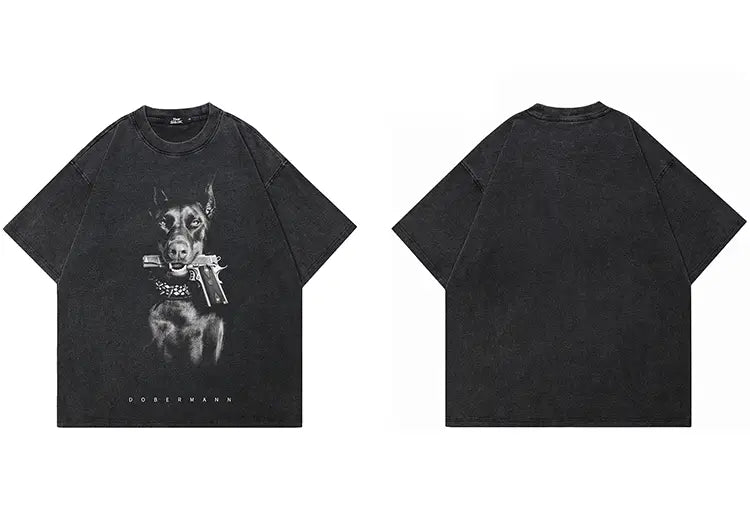 Hip Hop 2024 Vintage Washed Black T-Shirt Streetwear Doberman Dog Gun Graphic T Shirt Cotton Unisex Tshirt Men Tops Tee Hipster
