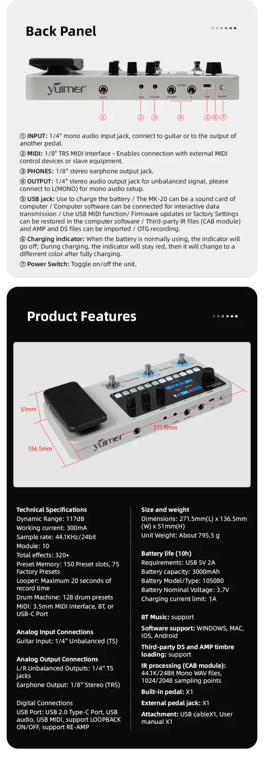 Yuimer MK-20 Multi-Effects Processor Pedal with Drum Machine Tuner and Looper Pedal USB Audio/for Guitar/Bass