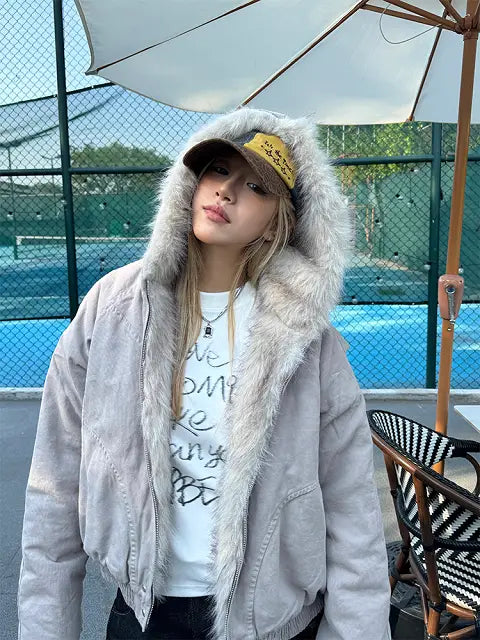 American Retro Fur Collar Hooded Jacket Women Y2K Streetwear Winter New Velvet Thickened Warm Harajuku Loose Casual Jacket