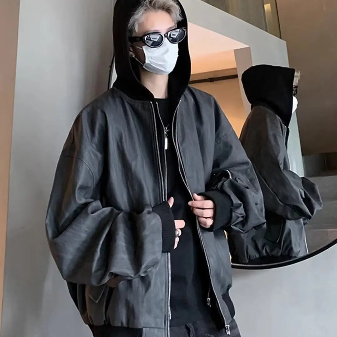 Hip Hop Style Fake Two-Piece Men’s Spring Autumn Baseball Jacket Pilot Coat Leather Shirt Trendy Handsome Hooded Coat