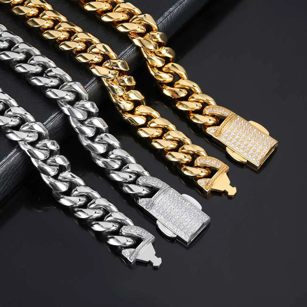 12mm Hip Hop Stainless Steel Jewelry Homme Cadena Luxury Miami Cuban Link Chain Men Rapper Rock Necklace