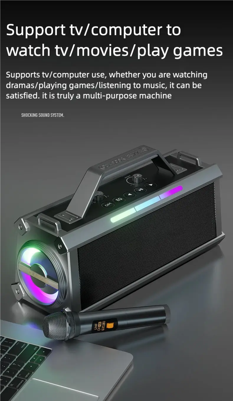Portable Karaoke Machine with 2 Microphone Three Echo Levels Indoor and Outdoor Modes Deep Bass Supports AUX TF USB
