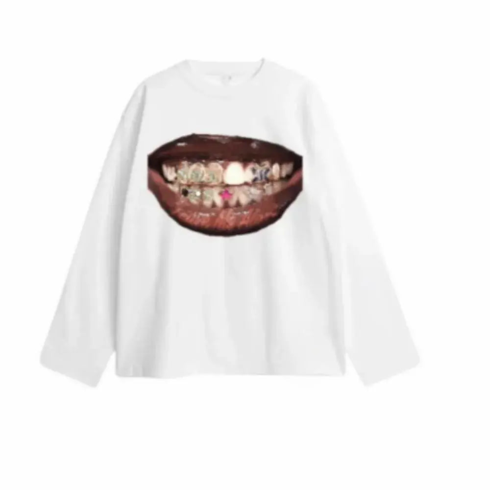 Hip Hop Street Long Sleeve Tooth T shirt Male Harajuku Retro Sports High Street Jersey Tops Men and Women tide Tops