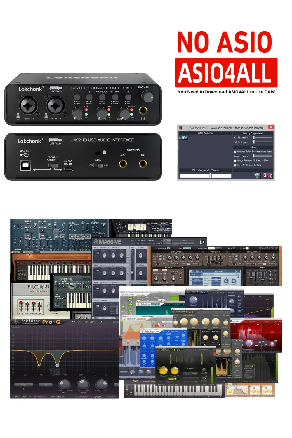 Lokchonk UX22 Audio Interface Studio Quality Recording Sound Card for Guitarist Singer Podcast Music Production