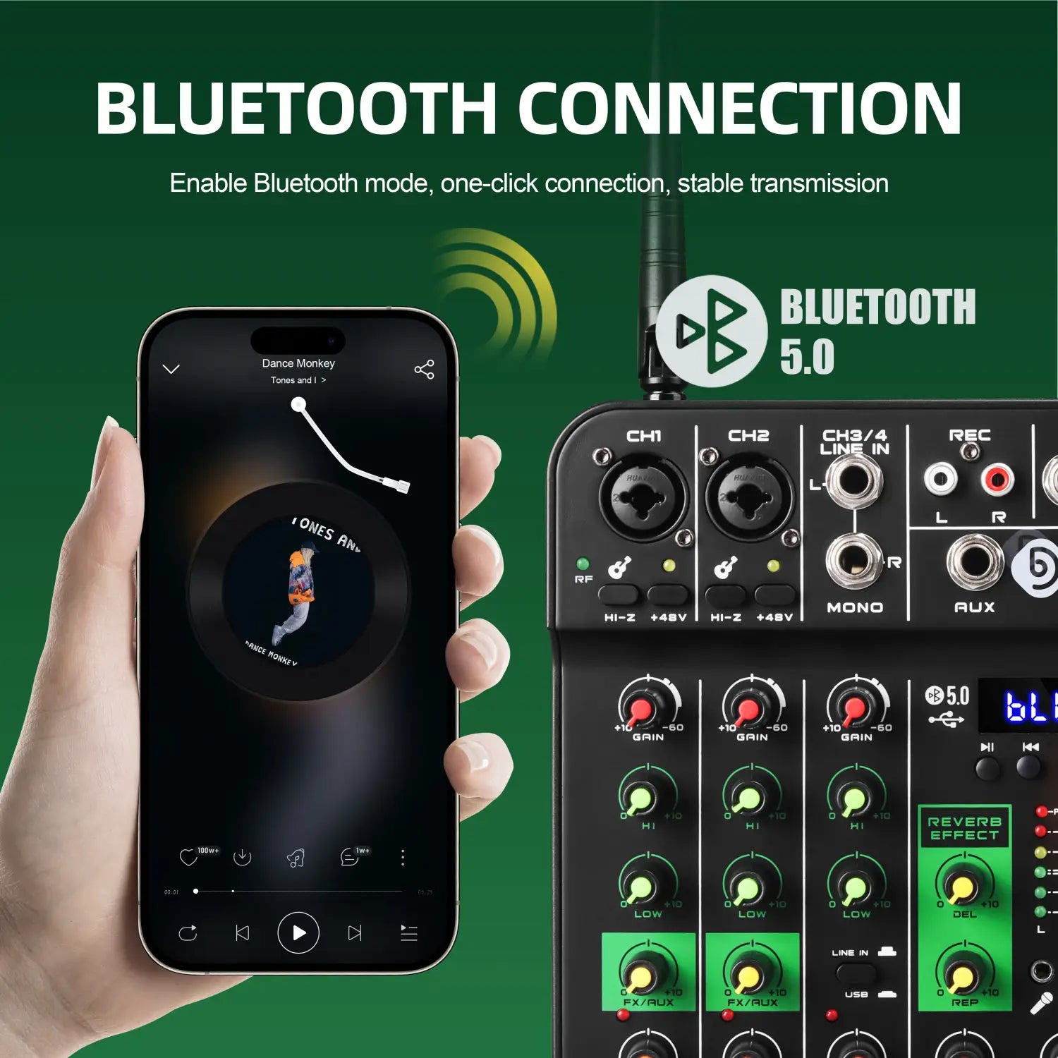 Audio Mixer With 2 Wireless Microphone Soundcard 4 Channel UHF USB Delay Repaeat Effect Sound Mixing Console PC Recording