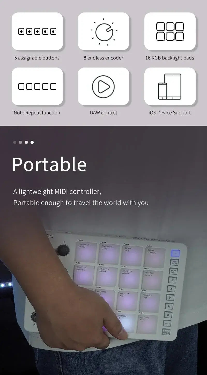 M-VAVE SMC-PAD MIDI Controller Keyboard BT Strike Pads RGB Backlight MIDI Connection Low Latency 3.5mm Output Interface Pad RGB