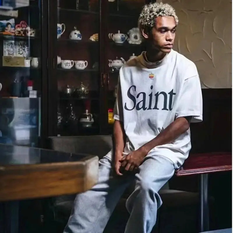 Hip Hop Retro Racing Style Graffiti Color Blocking Saint Micheal T-Shirt Men Women High Quality Oversized T Shirt Tee Tops