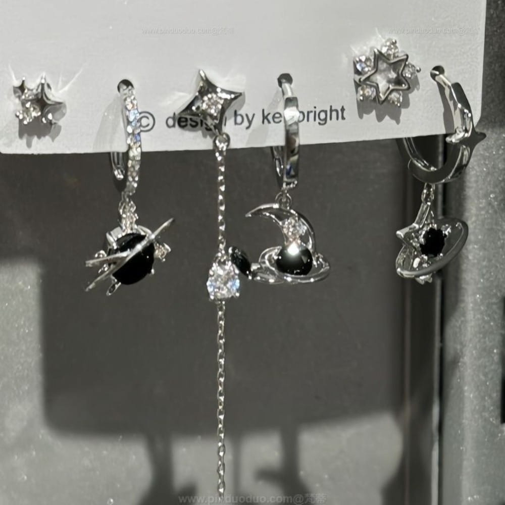 6pcs Set Personality Trend Dark Butterfly Heart Star Cross Tassels Zircon Stud Earrings for Women Hip-hop Rock Y2K Jewelry Gift