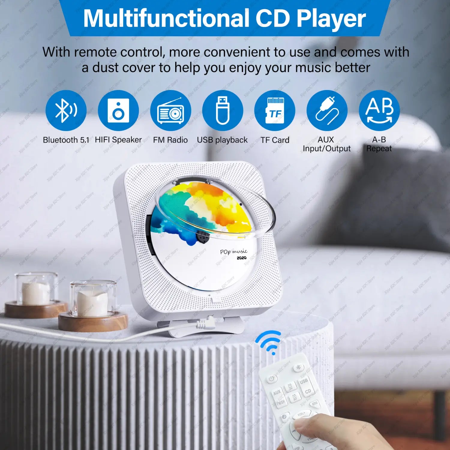 Portable CD Player Bluetooth Speaker Stereo CD Players LED Screen Wall Mountable CD Music Player with IR Remote Control FM Radio