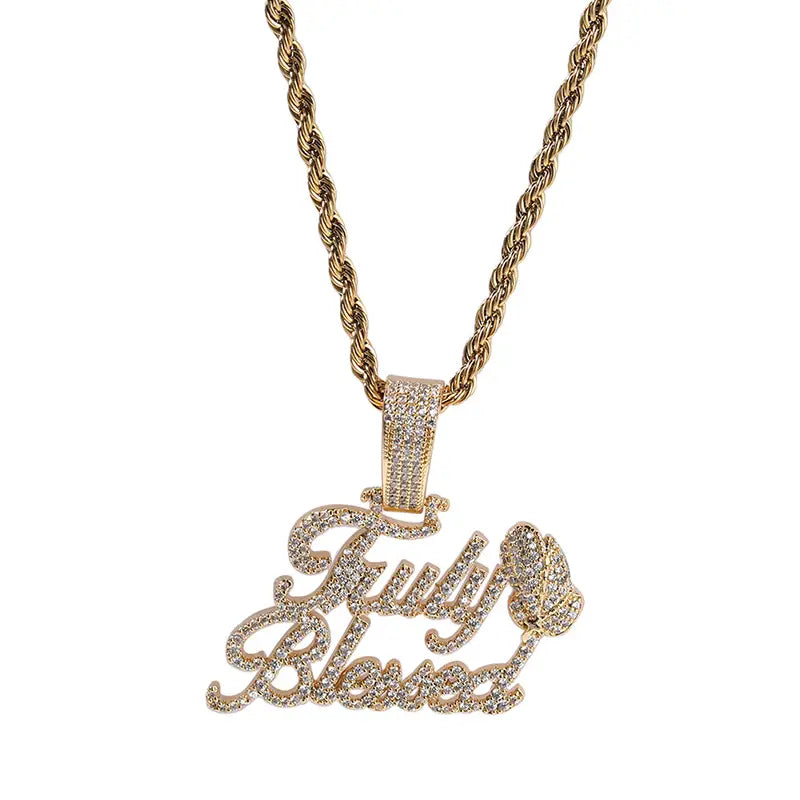 Hip Hop 5A+ CZ Stone Paved Bling Ice Out Praying Hand Letters Pendants Necklaces for Men Rapper Jewelry Gold Silver Color