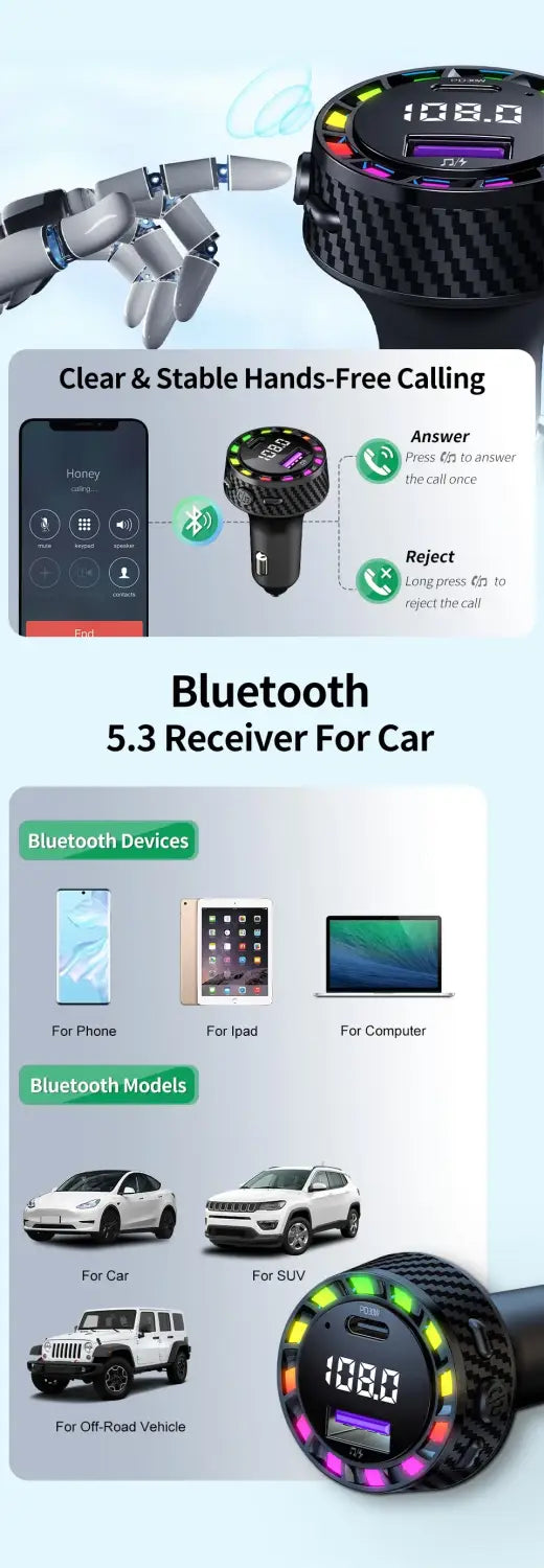 Car Bluetooth 5.3 FM Transmitter Wireless Audio Receiver Car MP3 Player 30W PD Fast Charge With Apple Type-C Port Charging Cable