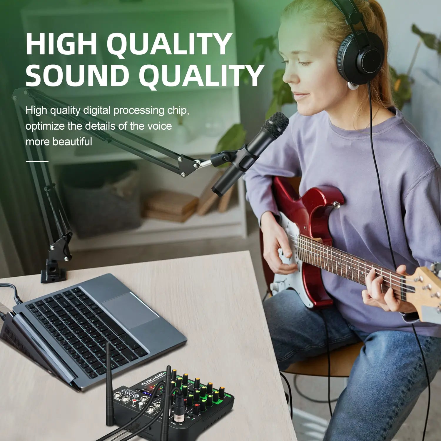 Debra 4 Channels Audio Mixer UHF Wireless Microphone Audio Interface Mixing Console Bluetooth Record PC Delay Repaeat Effect