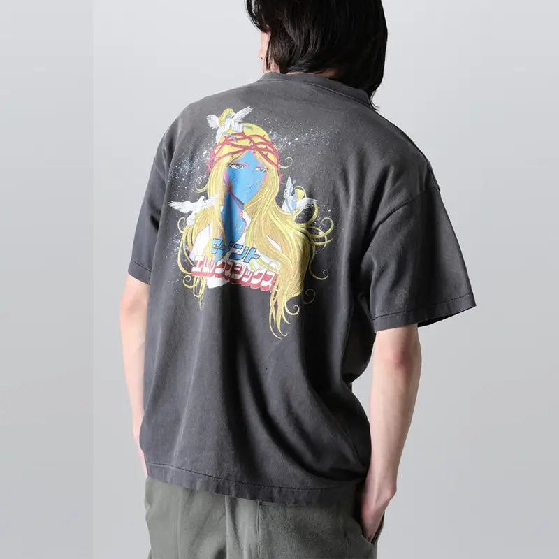 Hip Hop Retro Racing Style Graffiti Color Blocking Saint Micheal T-Shirt Men Women High Quality Oversized T Shirt Tee Tops