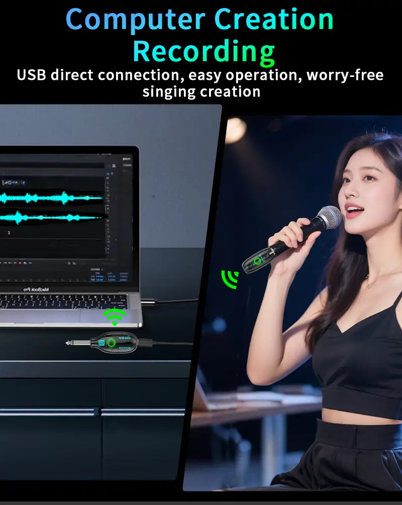 Wireless Microphone System (2 Transmitters + 1 Receiver) – HD Sound for Mobile Karaoke & PC Recording