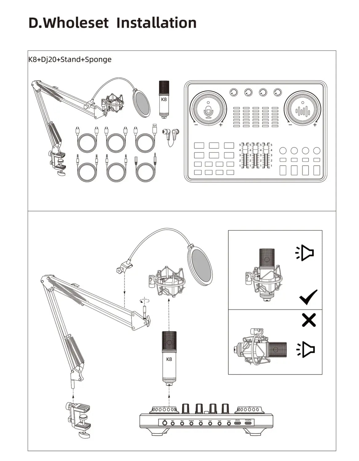 DJ20 Sound Card Kits Studio Record Professional Mixer Singing 48V Microphone BM800 for Karaoke Podcast Recording Live Streaming
