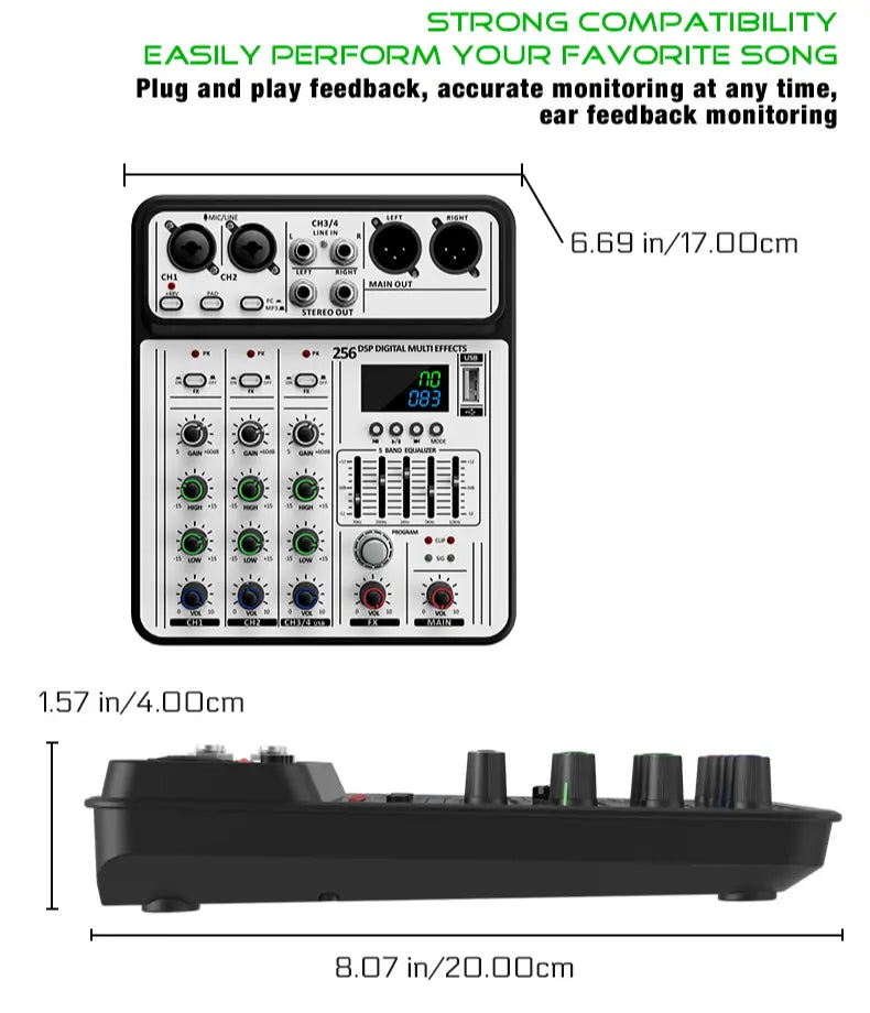 Professional 4-Channel 256DSP Audio Mixer 48V Phantom Power USB Studio Karaoke Bluetooth DJ Console Mixer