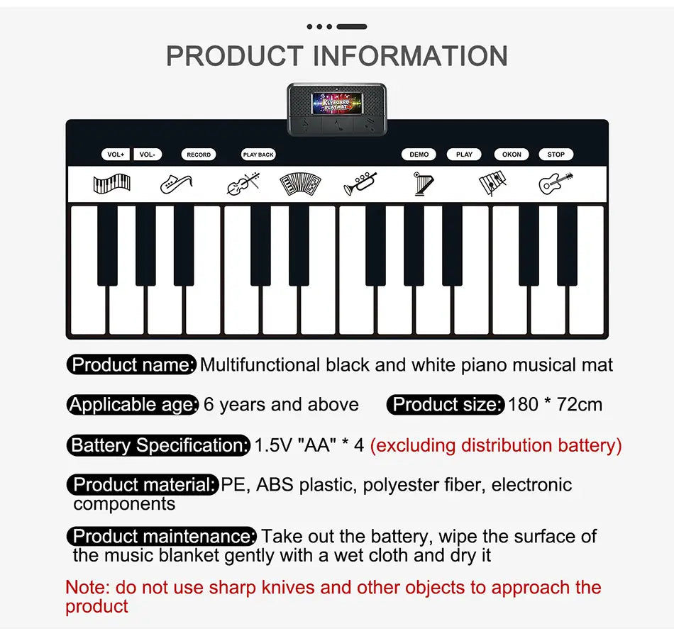 180x72cm Children Musical Toys Play Piano Keyboard Mat Music Instrument Game Carpet Multifunction Educational Toys For Kids Gift