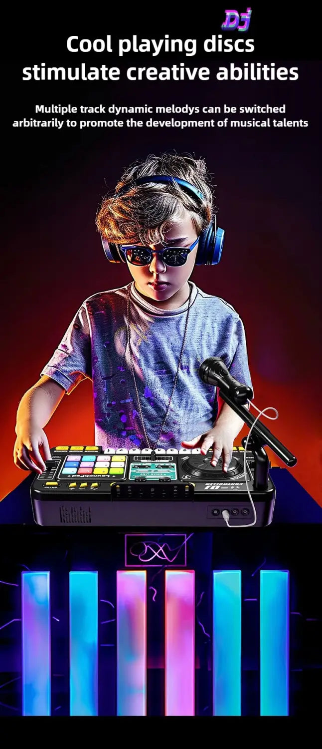 Kids DJ Controller Music Toy Mixer with Microphone LED Light Electronic Music Game DJ Turntable for Children Birthday Gifts