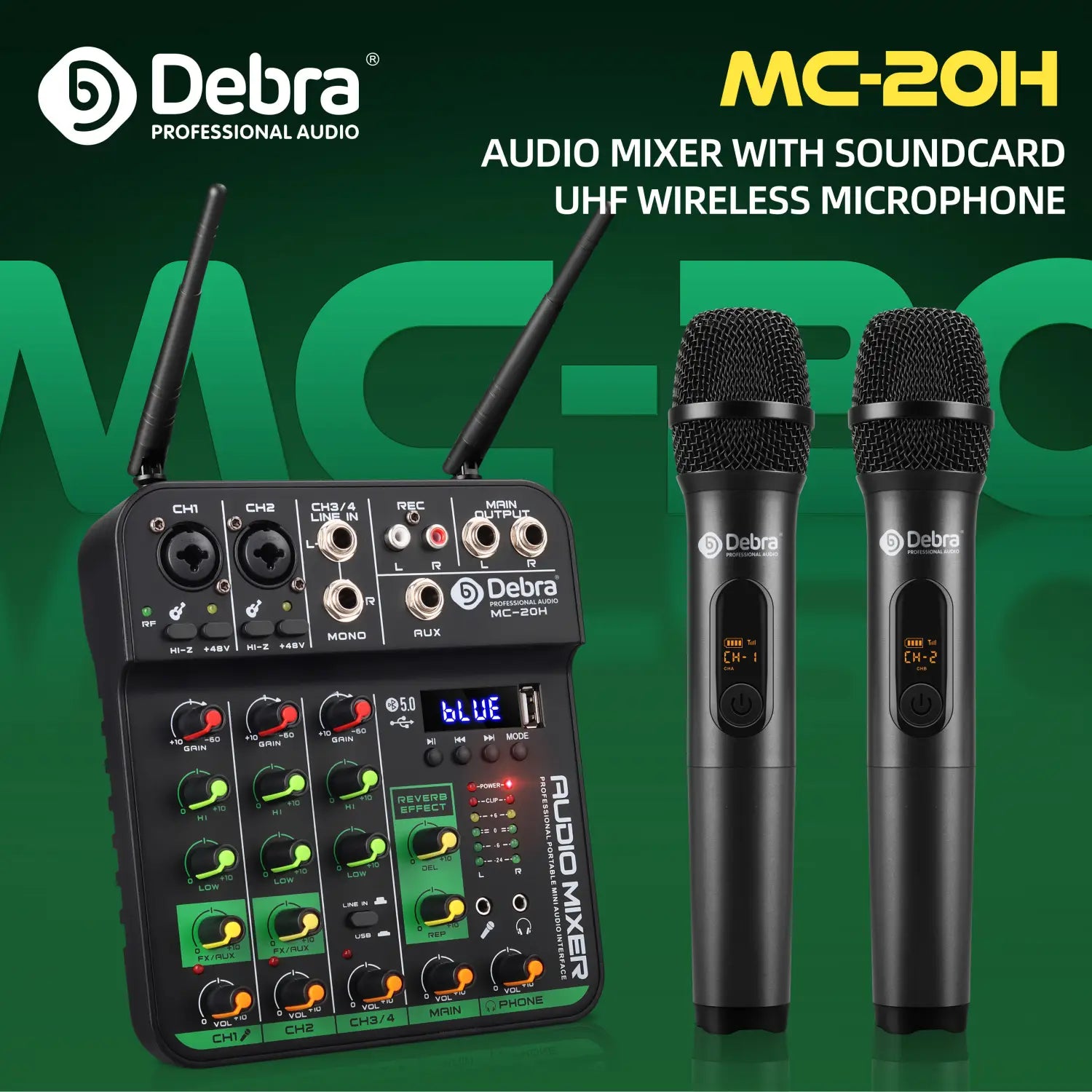 MC-20H UHF 4-Channel Audio Mixer with Dual Wireless Microphones Bluetooth 5.0 DJ Audio Tuner for Bands Webcasts Karaoke